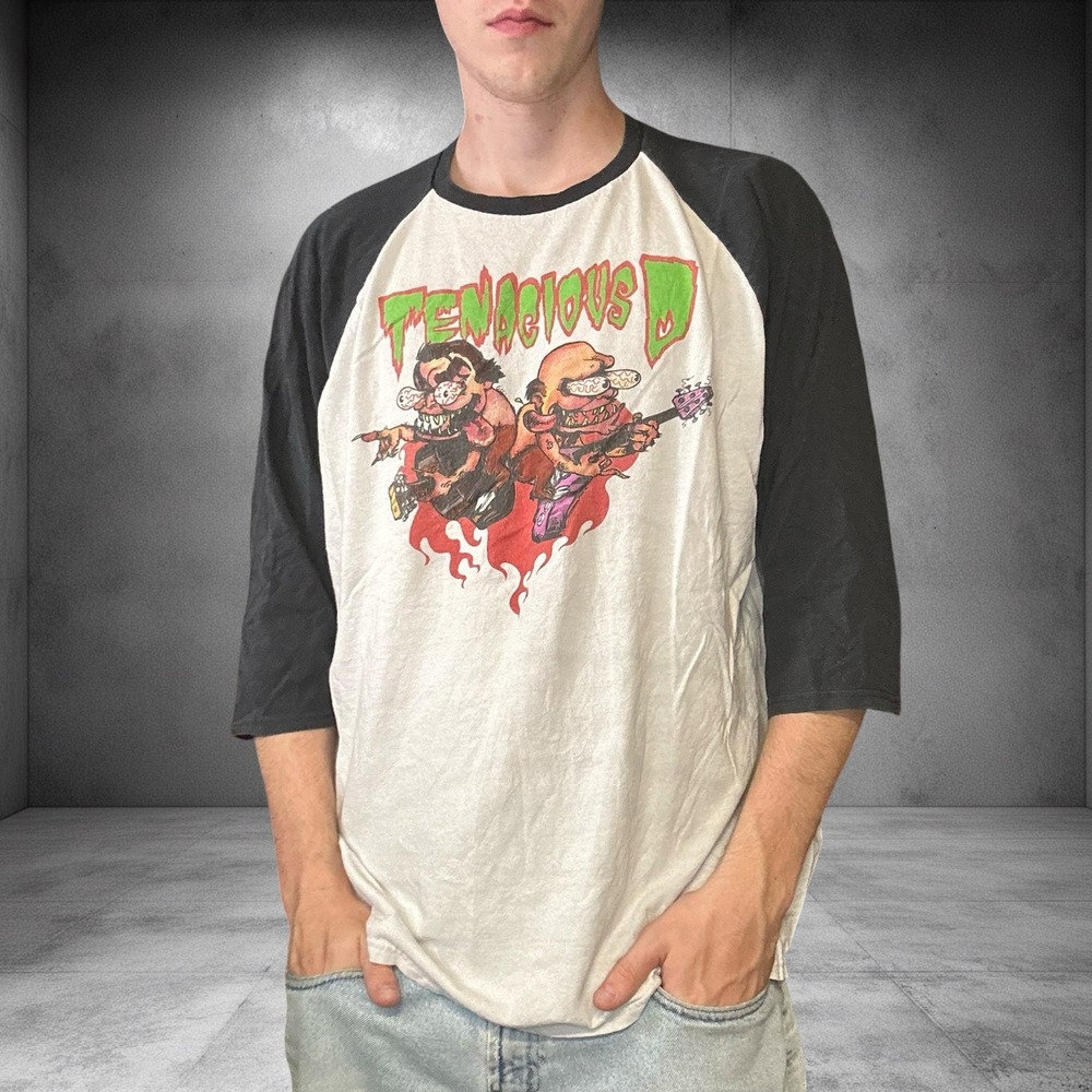 Vintage Tenacious D Raglan Baseball Shirt 2XL White Black Y2K Anvil Tag Boxy Fit